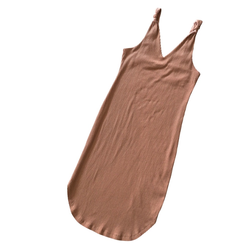 Miss Me Ribbed Midi Bodycon Dress L Side Slit Plunge v-neck Dusty Peach